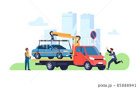 Car evacuator. Parking violations consequences. Driver catches up with automobile. Forced transportation of vehicle. Transport evacuation. Tow truck takes auto away. Vector concept Car evacuator. Parking violations consequences. Driver catches up with automobile. Forced transportation of vehicle. Transport evacuation. Tow truck takes auto away. Vector concept 85888941