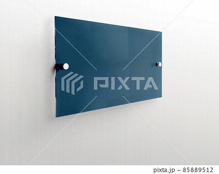 Blank dark blue rectangle Transparent glass office corporate Signage plate Mock Up Template, Clear Printing board for Branding, Logo. Acrylic advertising signboard mockup side view. 85889512