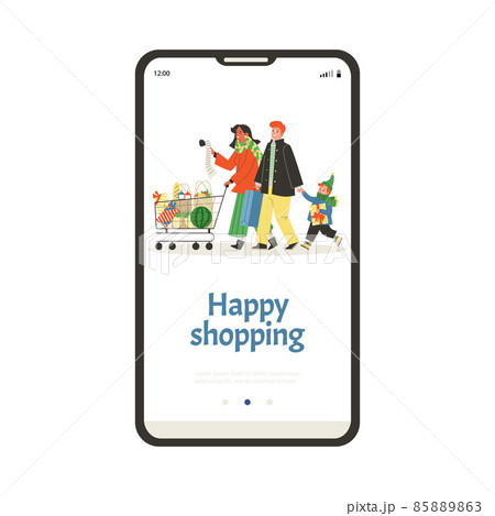 Happy family shopping onboarding page concept, flat vector illustration. 85889863