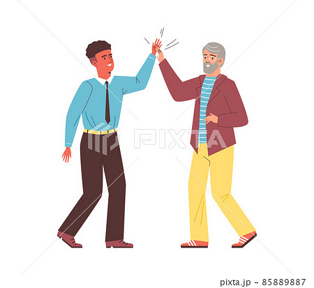 Men clap hands and greet each other, flat vector illustration isolated on white background. Men clap hands and greet each other, flat vector illustration isolated on white background. 85889887