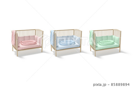Blank wood cot with colored crib sheet and nest mockup Blank wood cot with colored crib sheet and nest mockup 85889894