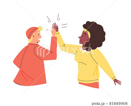 Man and woman greet each other by clapping hands, flat vector illustration isolated on white background. 85889906