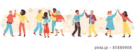 Cheerful people give each other high five, concept of friendship and togetherness - flat vector illustration on white. Cheerful people give each other high five, concept of friendship and togetherness - flat vector illustration on white. 85889908