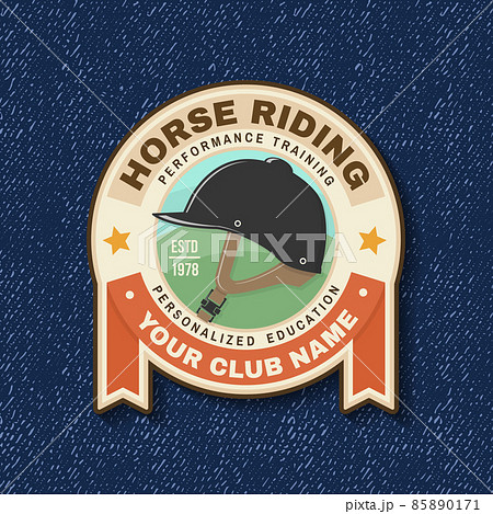 Horse riding sport club badge, patch, emblem, logo. Vector illustration. Vintage equestrian label, sticker with helmet silhouettes. 85890171