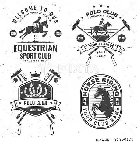 Set of polo and horse riding club patch, emblem, logo. Vector illustration. Templates for polo and horse riding sports club. Set of polo and horse riding club patch, emblem, logo. Vector illustration. Templates for polo and horse riding sports club. 85890179