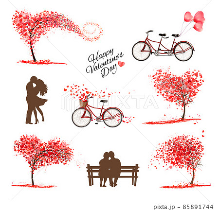 Set of Valentine's Day symbols and icons. Heart shaped tree, couple in love on a bench, bicycle with a red ballons and tree with heart-shaped leaves. Vector Set of Valentine's Day symbols and icons. Heart shaped tree, couple in love on a bench, bicycle with a red ballons and tree with heart-shaped leaves. Vector 85891744