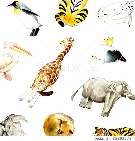 動物園の生き物の背景素材 かわいい手描き水彩イラスト素材のイラスト素材