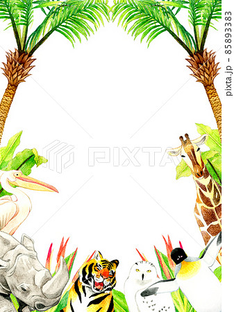 動物園の生き物と植物の背景素材 サイズ 手描き水彩イラスト素材のイラスト素材 8533