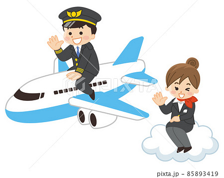 パイロットの男性とCAの女性と飛行機　航空機　ジェット機 85893419