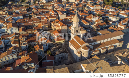Aerial view of historic Adriatic town of Krk , Island of Krk, Kvarner bay of Adriatic sea, Croatia, Europe 85893777