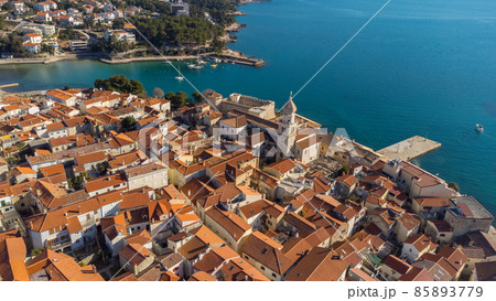 Aerial view of historic Adriatic town of Krk , Island of Krk, Kvarner bay of Adriatic sea, Croatia, Europe 85893779