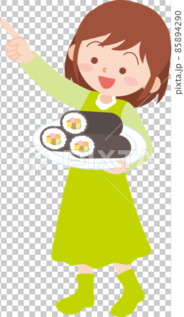 皿に乗った巻き寿司3本を持った女性 85894290