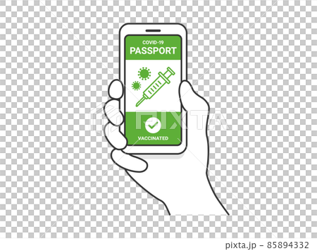 ワクチンパスポートが表示された、スマートフォンを持つ人のイラスト 85894332