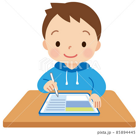 タブレットで勉強する子供　男の子　小学生 85894445