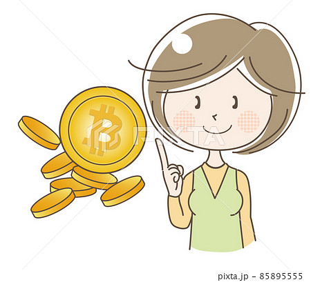 仮想通貨のビットコインをお勧めする女性のイラスト素材