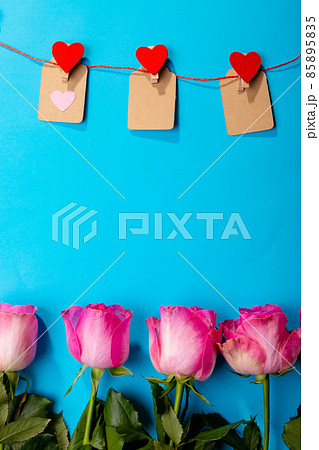 Red heart shapes on clothespins hanging from clothesline over pink roses against blue background 85895835