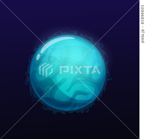 Blue glossy space planet with ice flames. Vector fantasy world or astronomy object. Galaxy globe, glowing sphere in universe with cold freeze fog around orbit. Isolated Ui game object in galaxy 85896605