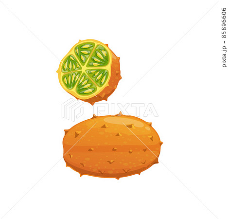 Kiwano or horned mellow whole and cut exotic tropical fruit isolated. Vector african horned cucumber, succulent healthy organic fruit with spikes, ripe juicy vegetarian food edible kiwano 85896606