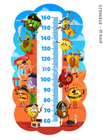 Kids height chart with cartoon fruits pirates, vector growth measure meter. Child height measure scale with pineapple and banana, orange, pear, mango and plum, kiwi, peach in pirate hat on ship aboard Kids height chart with cartoon fruits pirates, vector growth measure meter. Child height measure scale with pineapple and banana, orange, pear, mango and plum, kiwi, peach in pirate hat on ship aboard 85896629