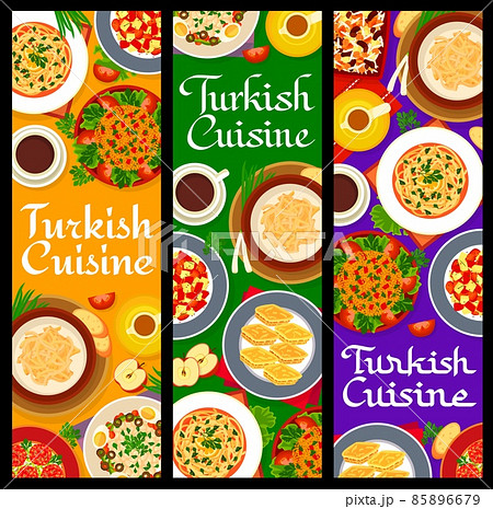 Turkish cuisine meals banners with food dishes for lunch and dinner, vector. Turkish traditional cuisine menu with pistachio baklava sweet dessert and bulgur kofte with bean salad and vegetables Turkish cuisine meals banners with food dishes for lunch and dinner, vector. Turkish traditional cuisine menu with pistachio baklava sweet dessert and bulgur kofte with bean salad and vegetables 85896679
