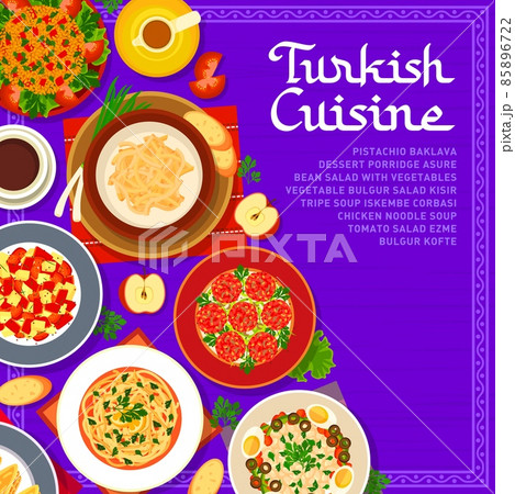 Turkish cuisine menu cover template with food meals and Turkey dishes for restaurant, vector. Turkish cuisine or kitchen lunch or dinner bulgur kofte, baklava pastry and tripe soup iskembe corbasi 85896722