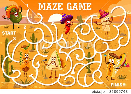 Labyrinth maze game with cartoon mexican food musician characters, vector kids puzzle worksheet. Tabletop board game or find way labyrinth riddle with burrito, nachos and tacos, avocado in sombrero 85896748