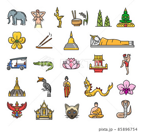 Thailand landmarks, culture and religion line icons. Thai architecture, religion and nature symbols outline vector icons with animals, flowers and food, Buddha statues, dragon and temple, thai boxing 85896754