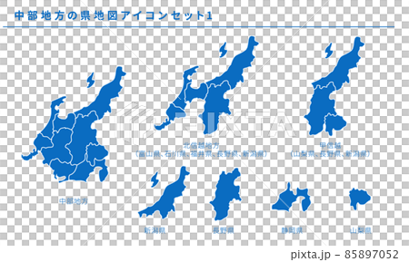 日本地図、中部地方の県地図アイコンセット1、ベクター素材 85897052
