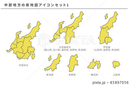 日本地図、中部地方の県地図アイコンセット1、ベクター素材