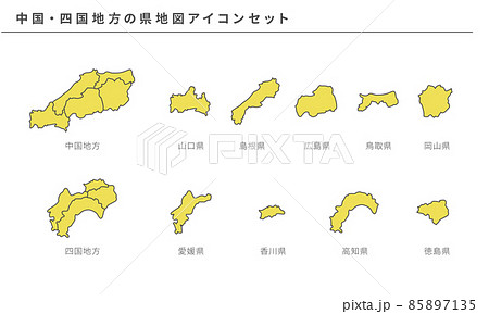 日本地図、中国・四国地方の県地図アイコンセット、ベクター素材