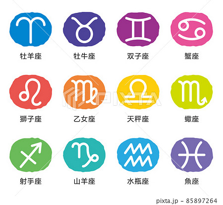 黄道12星座のマークと名前 カラフルなアイコン 日本語のイラスト素材