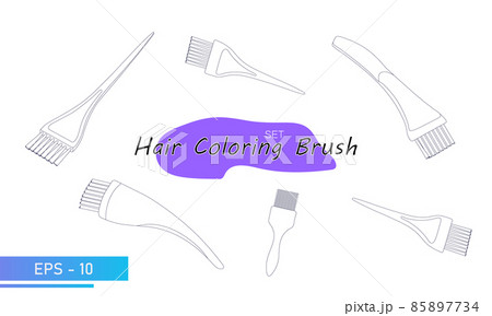 A set of brushes for coloring hair on the head. Hair color change. Tools for a beauty salon, hairdresser or stylist. In lines. Vector illustration. A set of brushes for coloring hair on the head. Hair color change. Tools for a beauty salon, hairdresser or stylist. In lines. Vector illustration. 85897734
