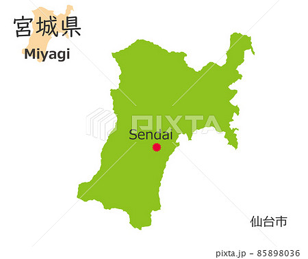 宮城県と県庁所在地、手描き風のかわいい地図	 85898036