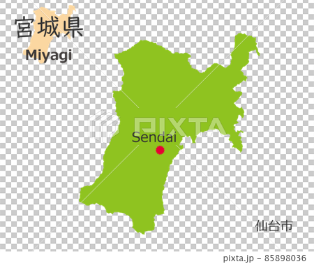 宮城県と県庁所在地、手描き風のかわいい地図	 85898036