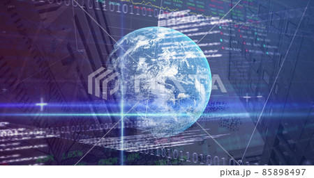 Image of statistics, binary coding and financial data processing over globe Image of statistics, binary coding and financial data processing over globe 85898497