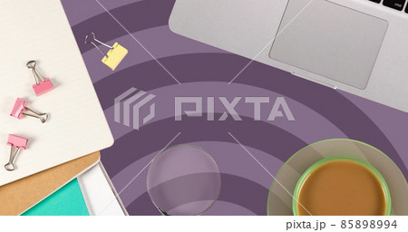 Image of desk with stationery over purple circles Image of desk with stationery over purple circles 85898994
