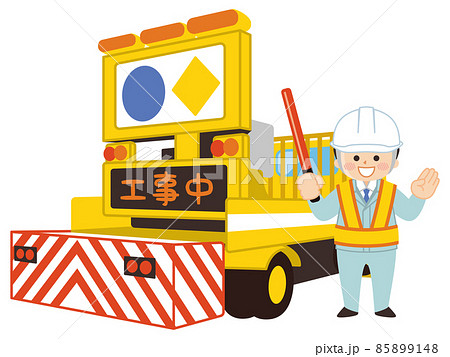 標識車と作業員の男性　道路工事