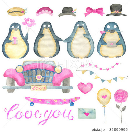 Design set with adorable kawaii penguin bird with hearts, retro car, letter and love symbols isolated on white, concept for Valentine's Day greeting card Design set with adorable kawaii penguin bird with hearts, retro car, letter and love symbols isolated on white, concept for Valentine's Day greeting card 85899996
