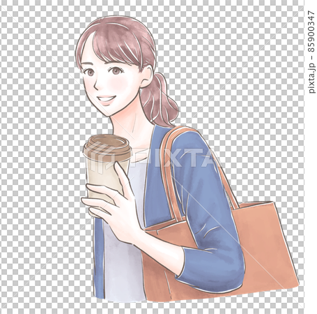 A woman who commute with coffee in a watercolor style 85900347