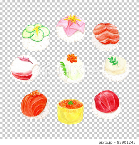 手描き水彩の手まり寿司イラストセット 手描き水彩の手まり寿司イラストセット 85901243