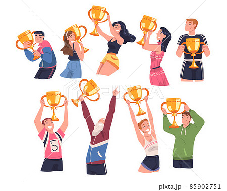 People Winner Character Holding Golden Cup as Trophy and Award Vector Illustration Set 85902751