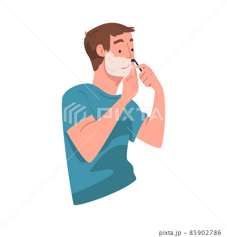 Man Character In Bathroom Doing Hygiene Procedure Shaving with Razor Vector Illustration 85902786