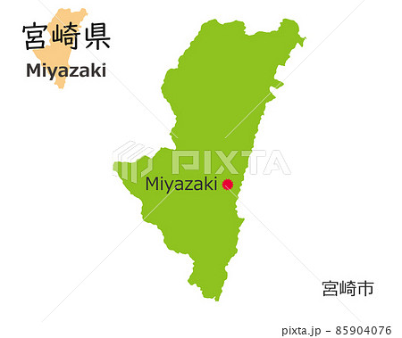 宮崎県と県庁所在地、手描き風のかわいい地図