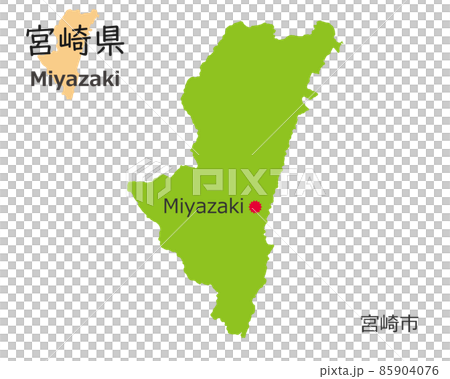 宮崎県と県庁所在地 手描き風のかわいい地図のイラスト素材