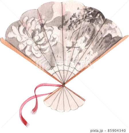 Chinese fan with tassel isolated handheld tessen souvenir from China color line icon watrcolor. 85904340
