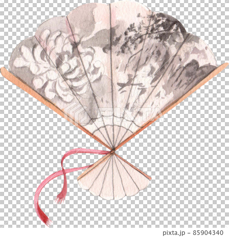 Chinese fan with tassel isolated handheld tessen souvenir from China color line icon watrcolor. 85904340