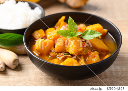 Thai spicy pumpkin curry soup with pork Thai spicy pumpkin curry soup with pork 85904893