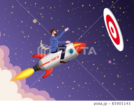 Businessman on a rocket fly through sky to target. Start up, goal achievement metaphors. Space stars background. Vector illustration 85905143
