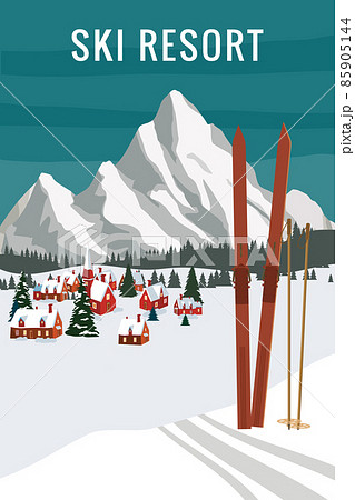 Vintage Mountain winter resort Alps, with wooden old fashioned skis and poles. Snow landscape peaks, slopes. Travel retro poster 85905144