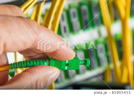closeup of hand of administrator connecting network cable into switch closeup of hand of administrator connecting network cable into switch 85905453